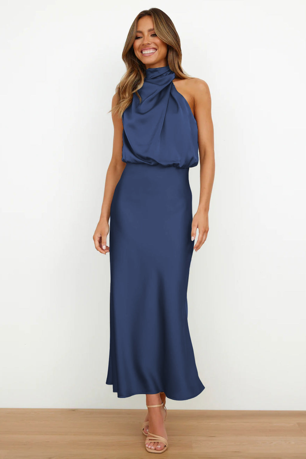 Carlina | Long Satin Dress with Halterneck