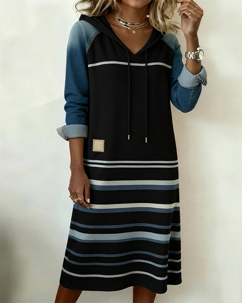 Merry™ - Striped Hooded Dress with Color Mixing