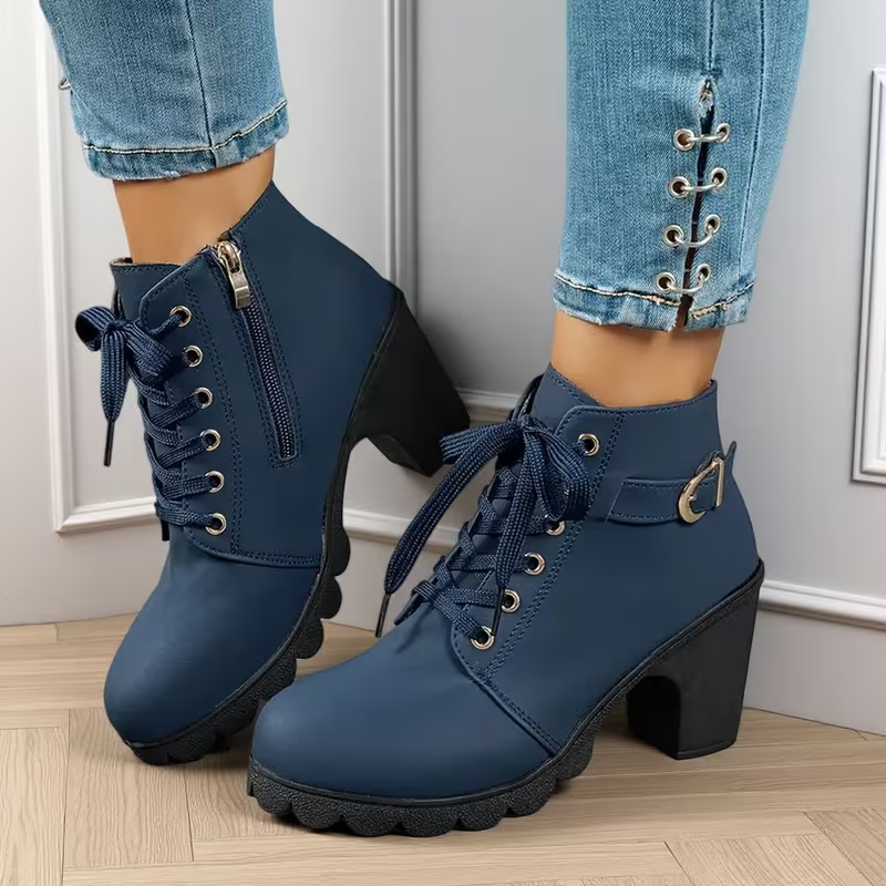 Katrina™ - Chic Lace-Up Metal Buckle Chunky Ankle Boots