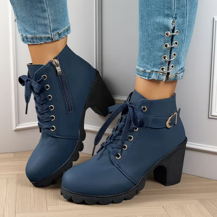Katrina™ - Chic Lace-Up Metal Buckle Chunky Ankle Boots