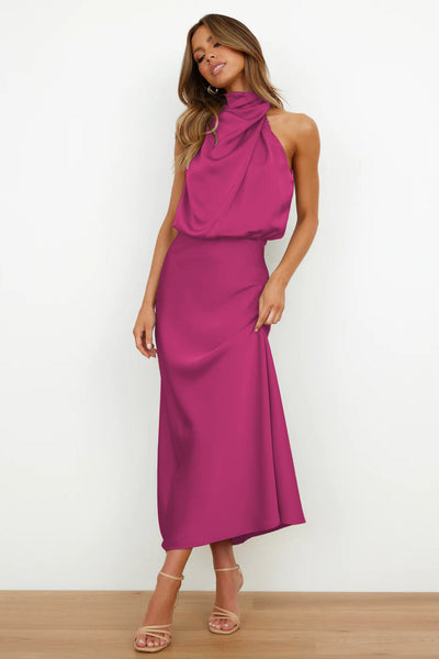 Carlina | Long Satin Dress with Halterneck