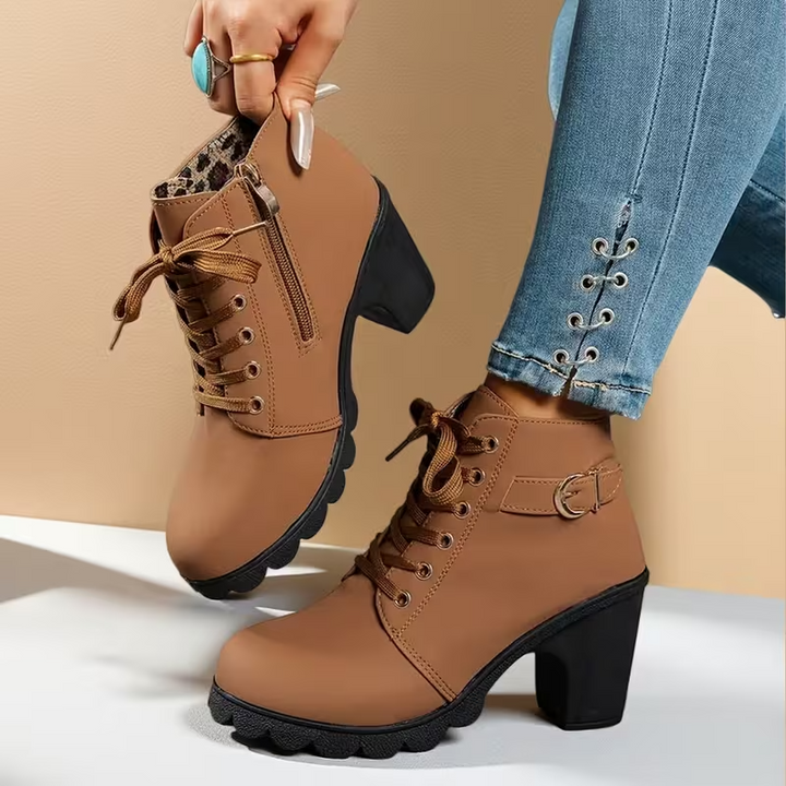 Katrina™ - Chic Lace-Up Metal Buckle Chunky Ankle Boots