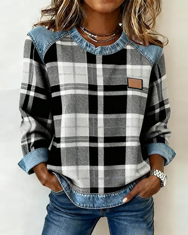 Kaety™ - Sweatshirt with Checkered Patchwork