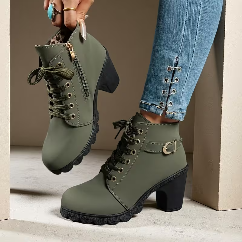 Katrina™ - Chic Lace-Up Metal Buckle Chunky Ankle Boots