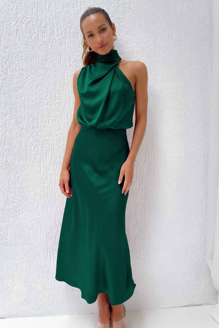 Carlina | Long Satin Dress with Halterneck