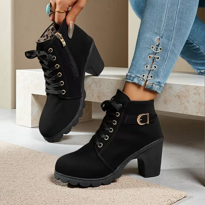 Katrina™ - Chic Lace-Up Metal Buckle Chunky Ankle Boots
