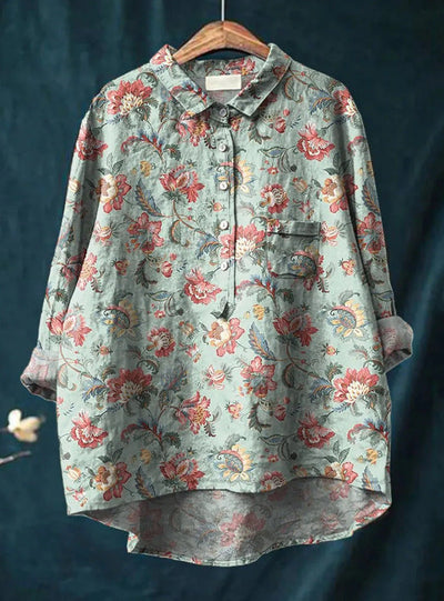 Caroline - Cotton Linen Floral Blouse