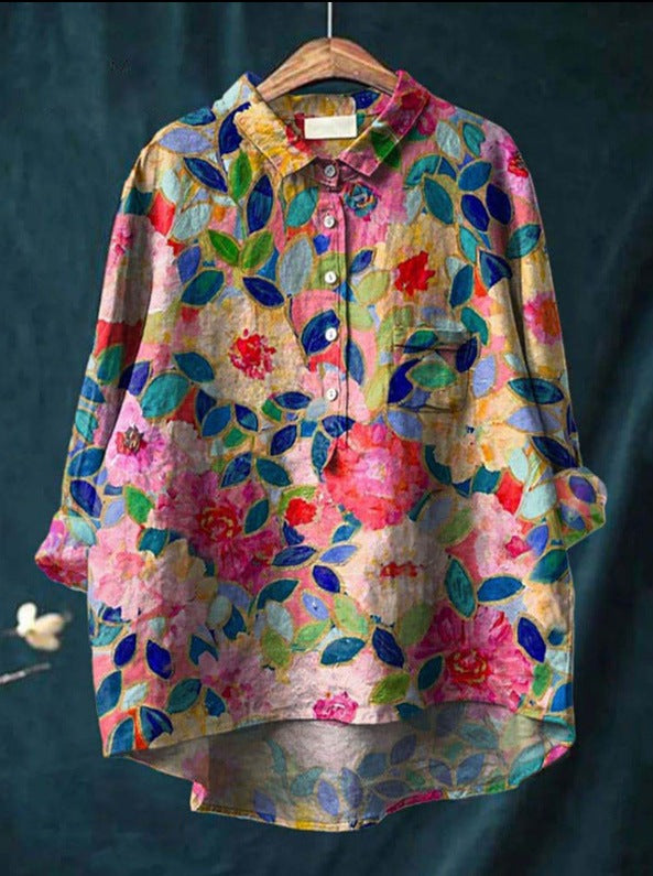 Caroline - Cotton Linen Floral Blouse