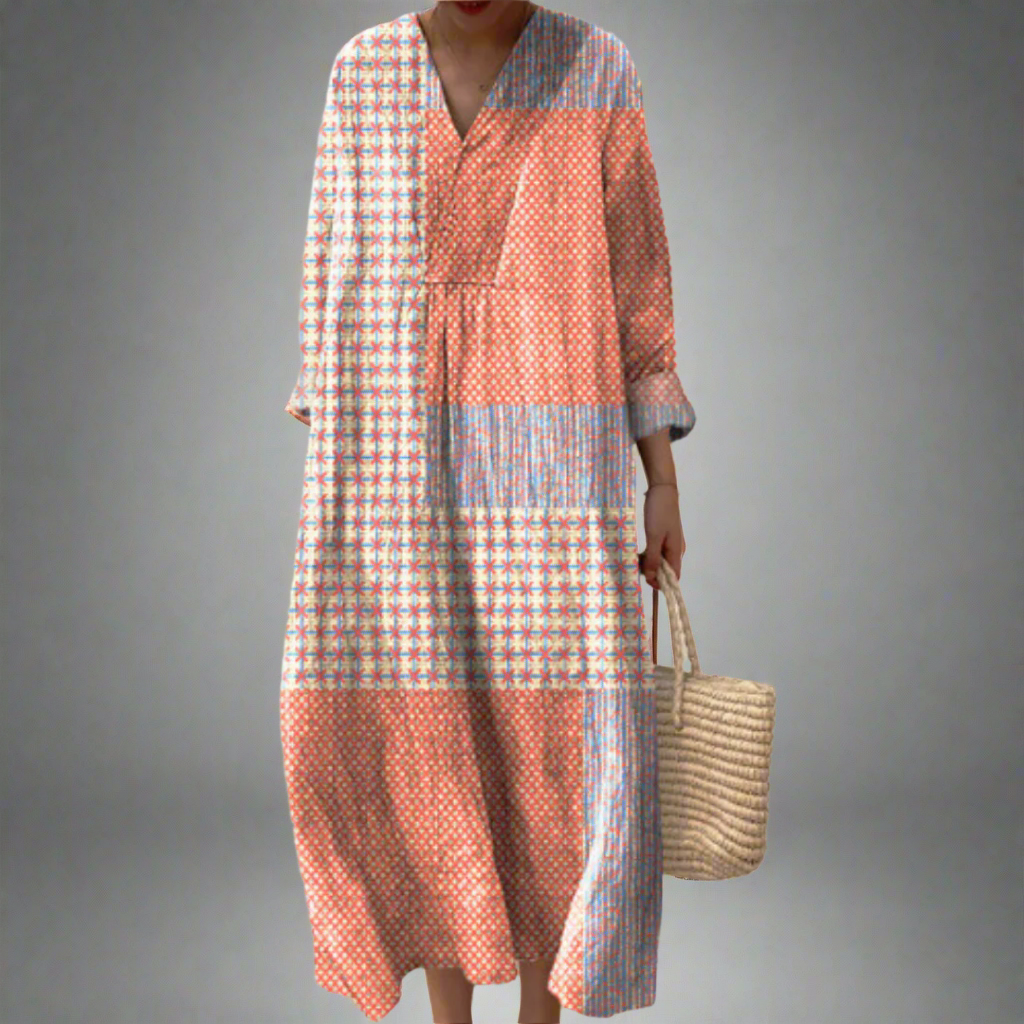 Nora™ | Coral Starburst Patchwork Midi Dress