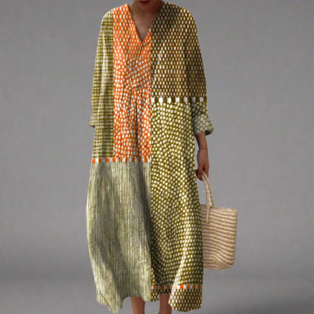 Vivienne™ | Earthy Patchwork Dotted Midi Dress