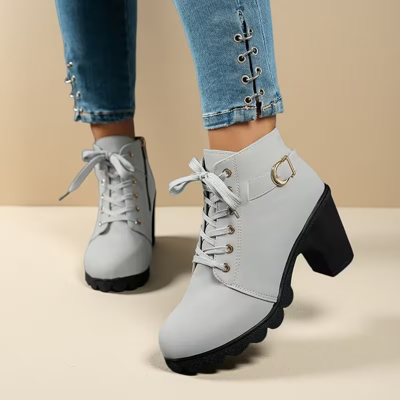 Katrina™ - Chic Lace-Up Metal Buckle Chunky Ankle Boots