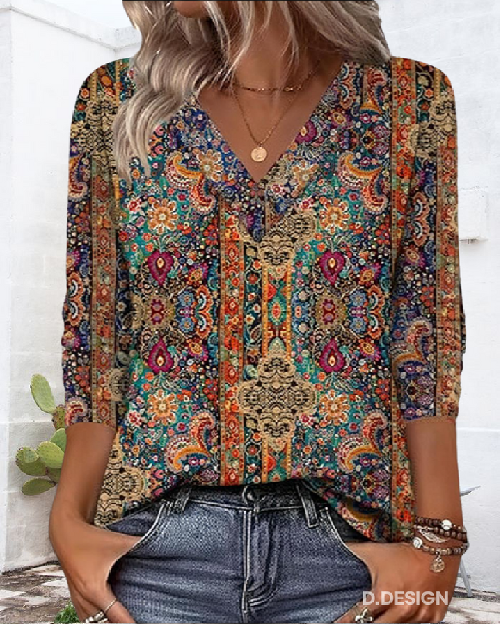 Ayla™ - Retro Printed Blouse with V-Neck