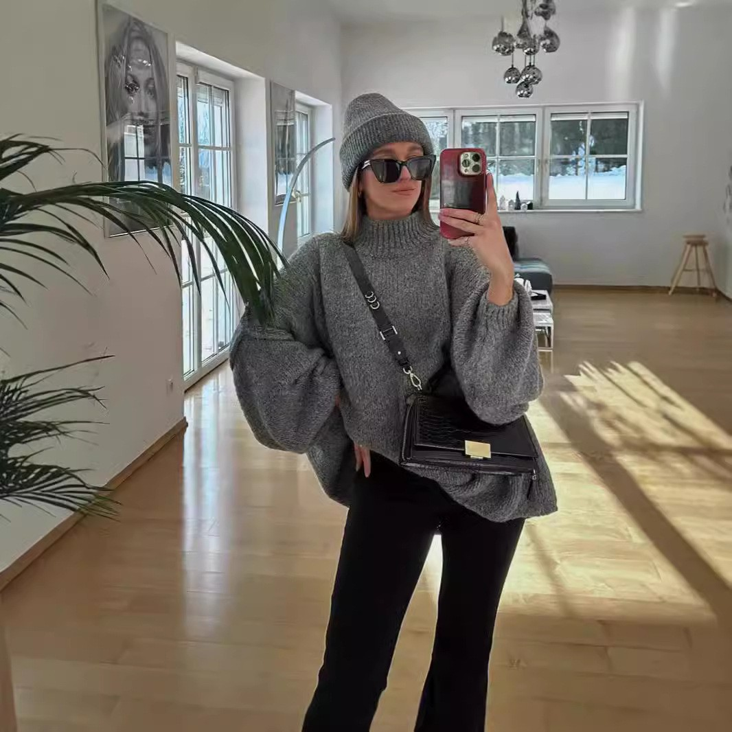 Rovy™ - Women's Ribbed Knit Mock Neck Batwing Sweater Long Sleeve Casual Tunic